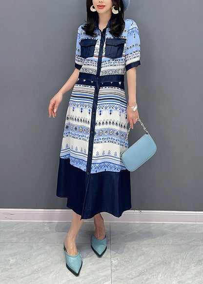 French Blue Peter Pan Collar Print Button Patchwork Cotton Shirts Dress Summer LY5740 - fabuloryshop