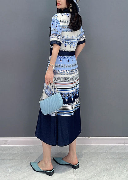 French Blue Peter Pan Collar Print Button Patchwork Cotton Shirts Dress Summer LY5740 - fabuloryshop