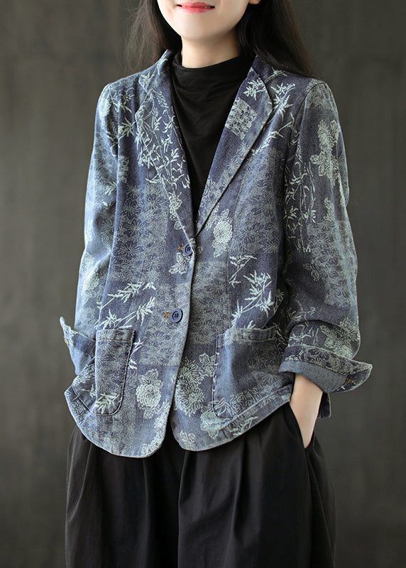 French Blue Pockets Print Denim Coats Long Sleeve Ada Fashion