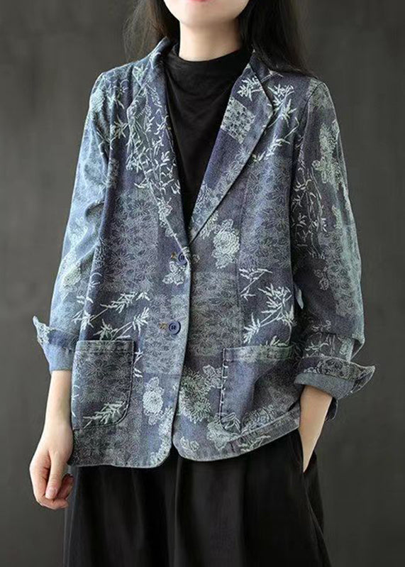 French Blue Pockets Print Denim Coats Long Sleeve Ada Fashion