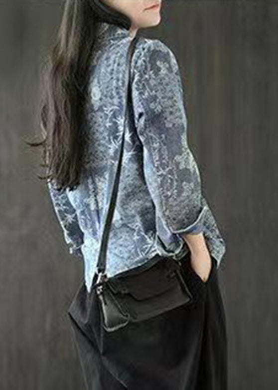 French Blue Pockets Print Denim Coats Long Sleeve Ada Fashion