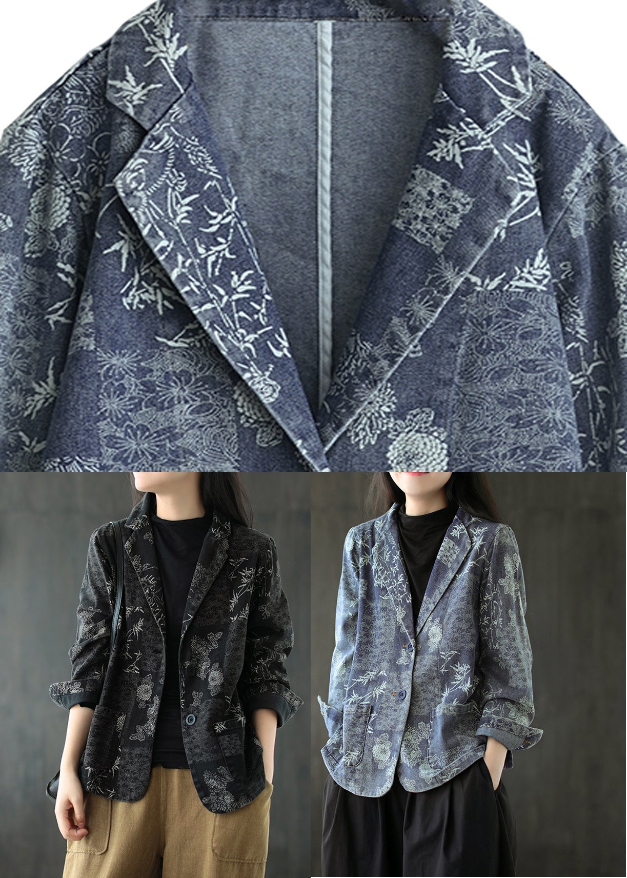 French Blue Pockets Print Denim Coats Long Sleeve Ada Fashion