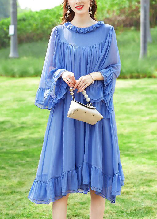 French Blue Ruffled Patchwork Silk A Line Dresses Flare Sleeve LY0958 - fabuloryshop