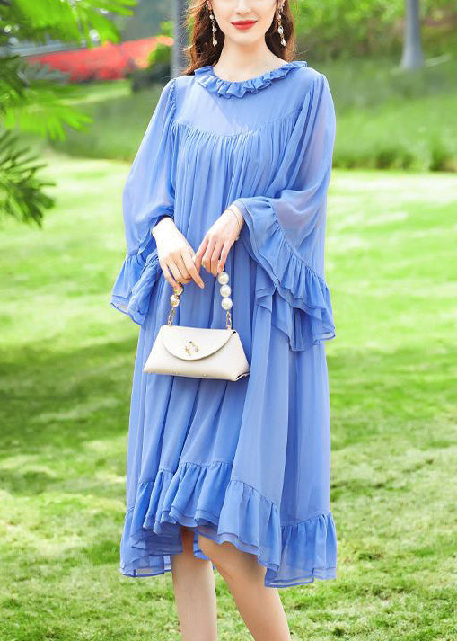 French Blue Ruffled Patchwork Silk A Line Dresses Flare Sleeve LY0958 - fabuloryshop