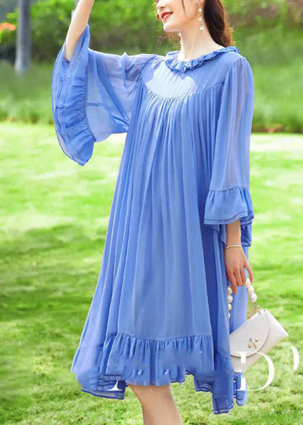 French Blue Ruffled Patchwork Silk A Line Dresses Flare Sleeve LY0958 - fabuloryshop