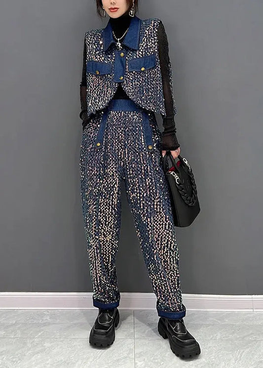 French Blue Sequins Tops And Pants Denim Two Piece Suit Set Fall Ada Fashion