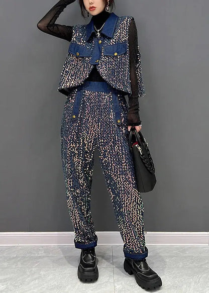 French Blue Sequins Tops And Pants Denim Two Piece Suit Set Fall Ada Fashion