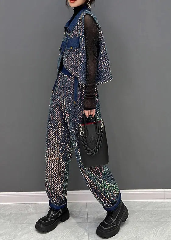 French Blue Sequins Tops And Pants Denim Two Piece Suit Set Fall Ada Fashion