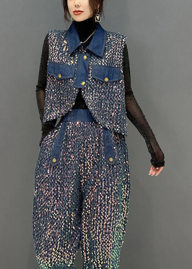 French Blue Sequins Tops And Pants Denim Two Piece Suit Set Fall Ada Fashion