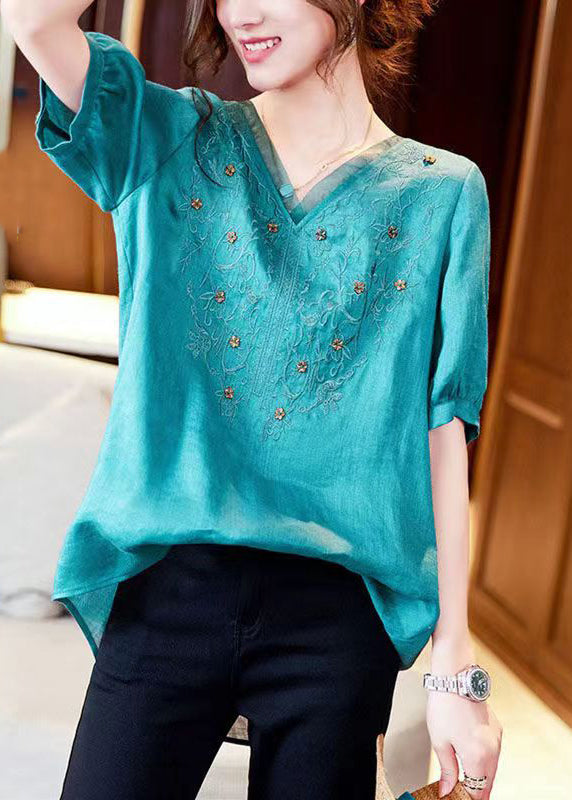 French Blue V Neck Embroideried Patchwork Cotton T Shirt Short Sleeve Ada Fashion