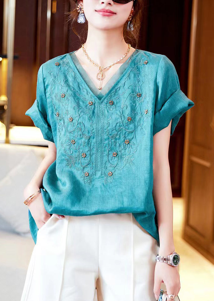 French Blue V Neck Embroideried Patchwork Cotton T Shirt Short Sleeve Ada Fashion