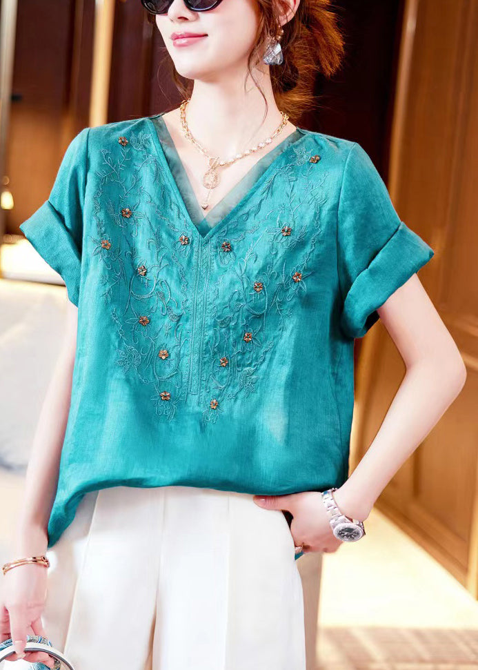 French Blue V Neck Embroideried Patchwork Cotton T Shirt Short Sleeve Ada Fashion