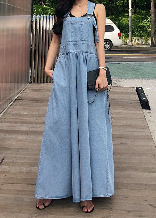 French Blue Wrinkled Patchwork Denim Long Dress Sleeveless LY1340 - fabuloryshop