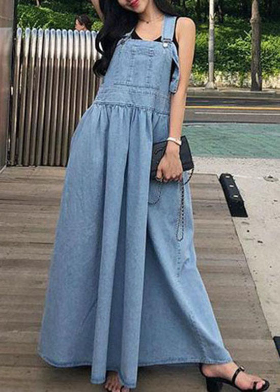 French Blue Wrinkled Patchwork Denim Long Dress Sleeveless LY1340 - fabuloryshop