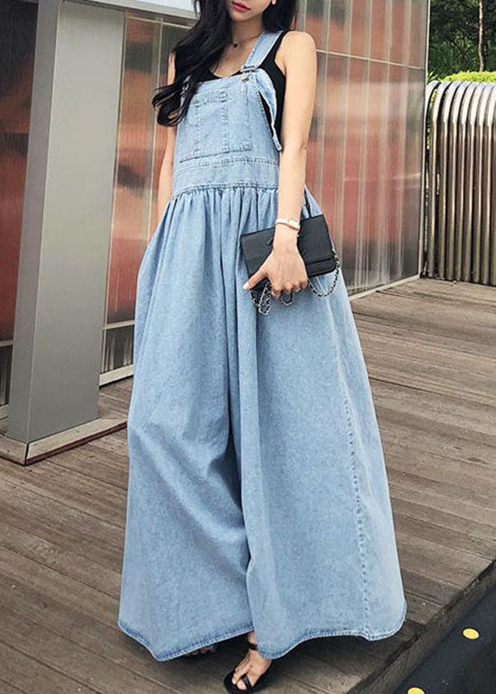 French Blue Wrinkled Patchwork Denim Long Dress Sleeveless LY1340 - fabuloryshop