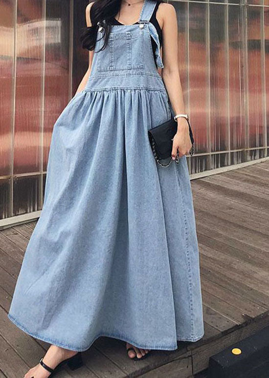 French Blue Wrinkled Patchwork Denim Long Dress Sleeveless LY1340 - fabuloryshop