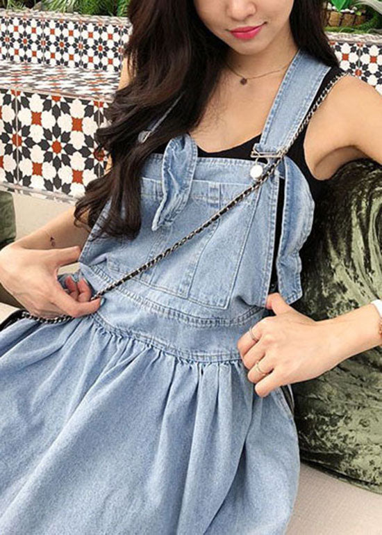 French Blue Wrinkled Patchwork Denim Long Dress Sleeveless LY1340 - fabuloryshop