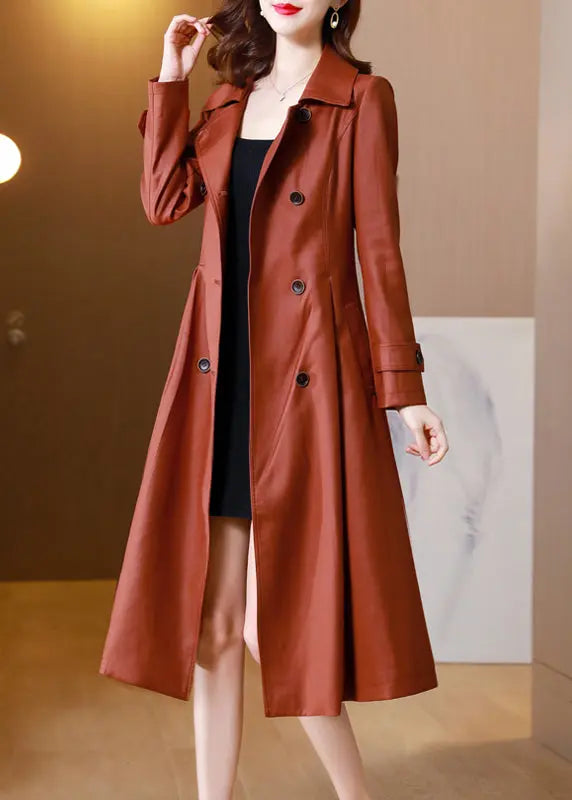 French Brick Red Peter Pan Collar Pockets Patchwork Cotton Trench Fall Ada Fashion
