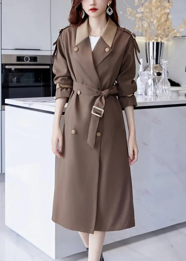 French Brown Button Tie Waist Cotton Long Trench Coat Fall Ada Fashion