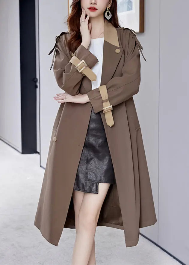 French Brown Button Tie Waist Cotton Long Trench Coat Fall Ada Fashion