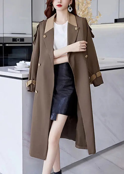 French Brown Button Tie Waist Cotton Long Trench Coat Fall Ada Fashion