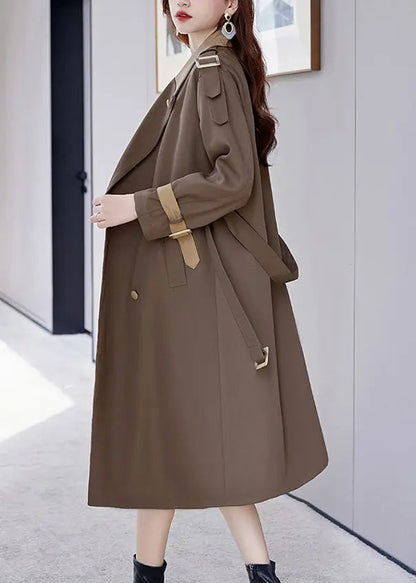 French Brown Button Tie Waist Cotton Long Trench Coat Fall Ada Fashion