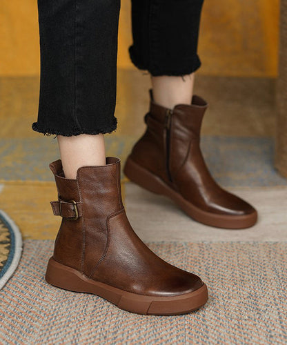 French Brown Cowhide Leather Splicing Boots Ada Fashion