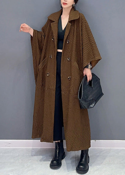 French Brown Double Breast Pockets Cotton Long Trench Coat Batwing Sleeve Ada Fashion