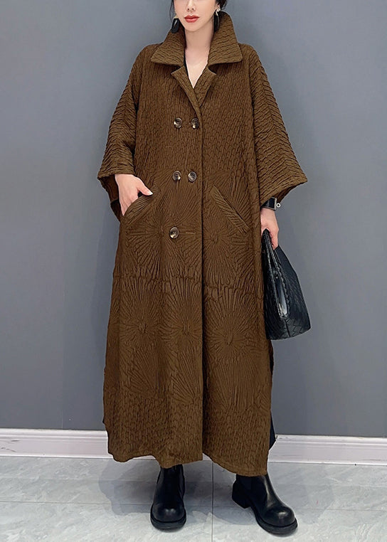 French Brown Double Breast Pockets Cotton Long Trench Coat Batwing Sleeve Ada Fashion