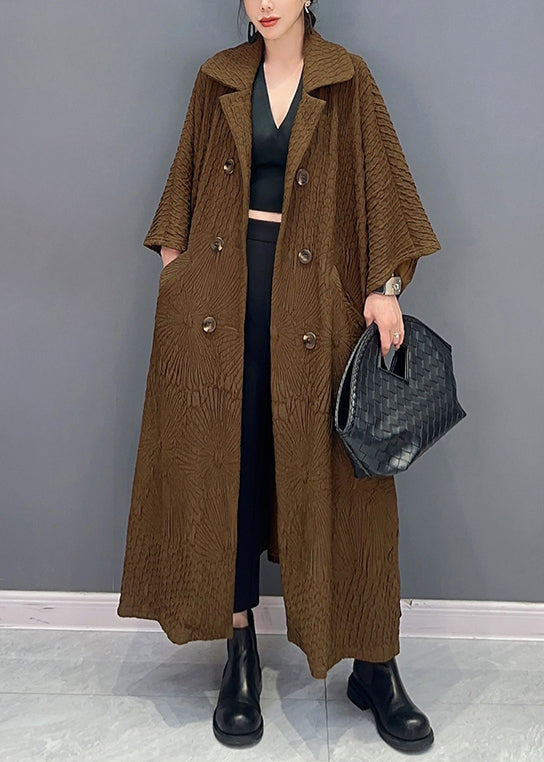 French Brown Double Breast Pockets Cotton Long Trench Coat Batwing Sleeve Ada Fashion