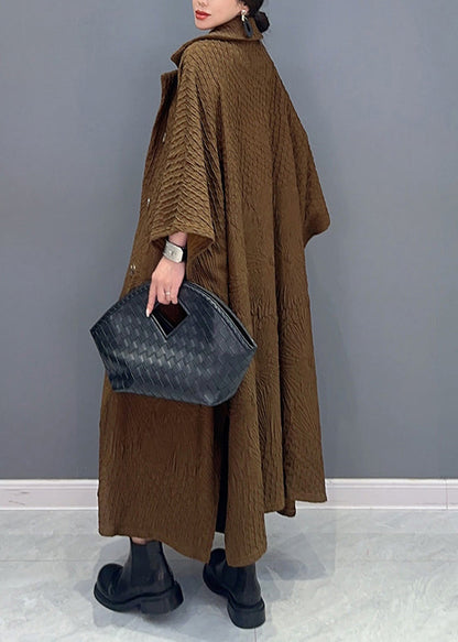 French Brown Double Breast Pockets Cotton Long Trench Coat Batwing Sleeve Ada Fashion