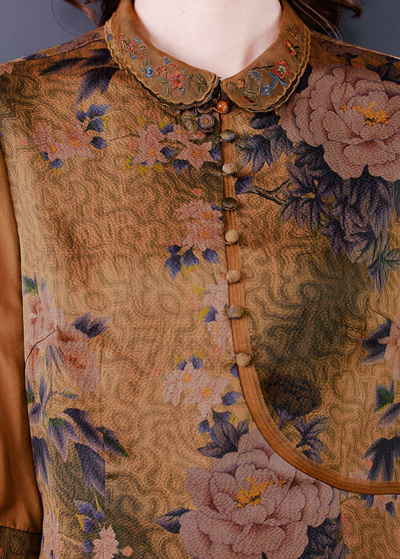 French Brown Peter Pan Collar Tasseled Print Patchwork Silk Two Pieces Set Spring LC0272 - fabuloryshop