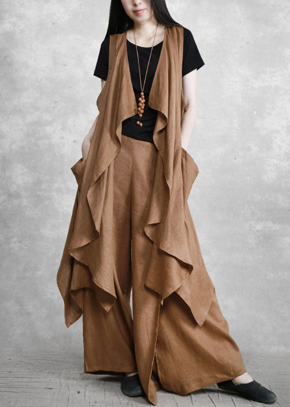French Camel Asymmetrical Patchwork Linen Two Pieces Set Summer LY5162 - fabuloryshop