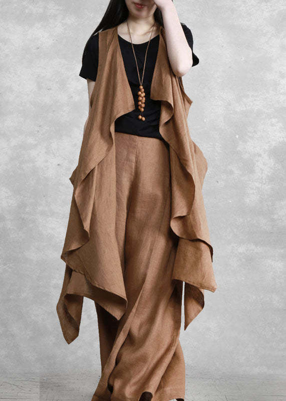 French Camel Asymmetrical Patchwork Linen Two Pieces Set Summer LY5162 - fabuloryshop