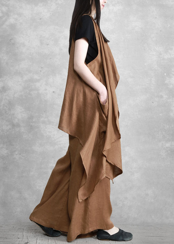 French Camel Asymmetrical Patchwork Linen Two Pieces Set Summer LY5162 - fabuloryshop