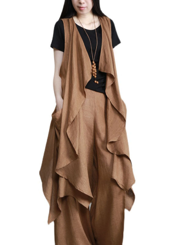 French Camel Asymmetrical Patchwork Linen Two Pieces Set Summer LY5162 - fabuloryshop