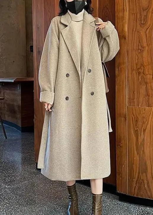 French Camel Button Tie Waist Pockets Thick Woolen Long Coats Winter Ada Fashion