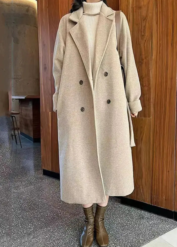 French Camel Button Tie Waist Pockets Thick Woolen Long Coats Winter Ada Fashion