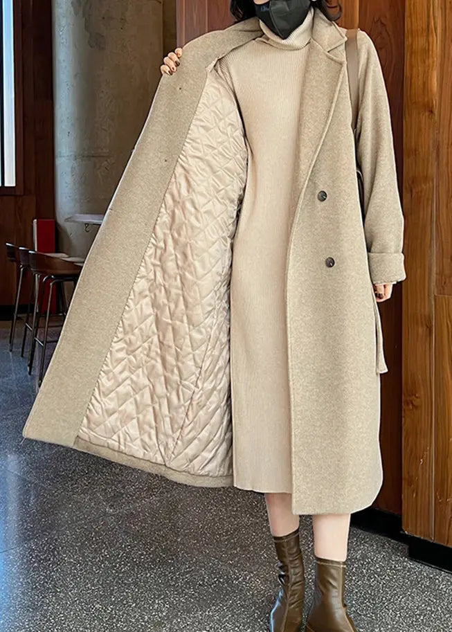 French Camel Button Tie Waist Pockets Thick Woolen Long Coats Winter Ada Fashion