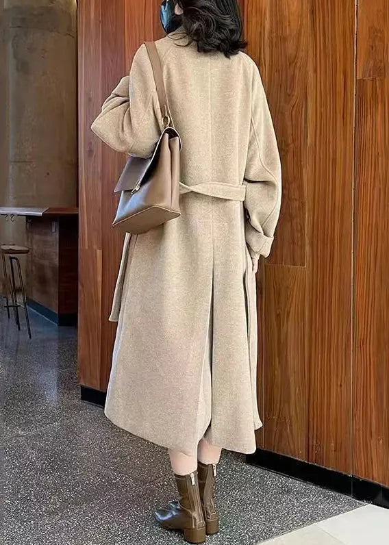 French Camel Button Tie Waist Pockets Thick Woolen Long Coats Winter Ada Fashion