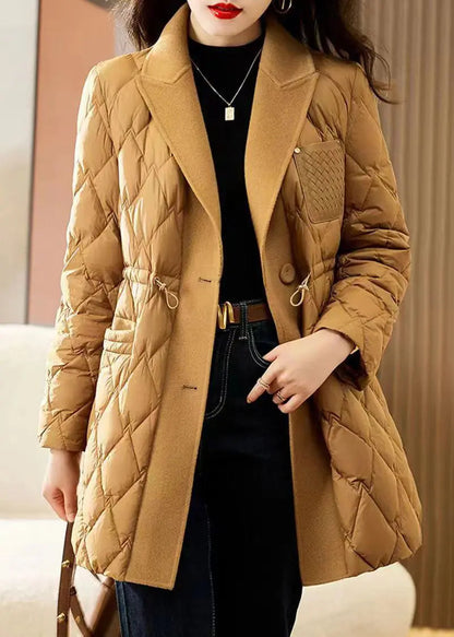 French Camel Peter Pan Collar Drawstring Patchwork Fine Cotton Filled Coat Winter Ada Fashion