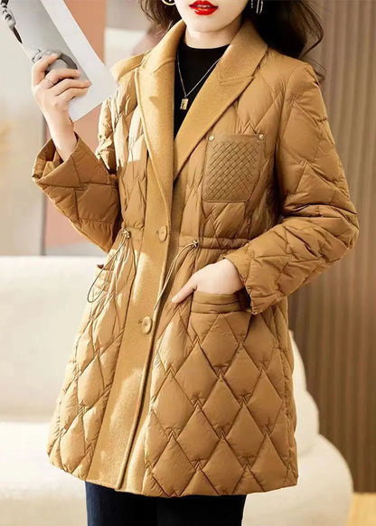 French Camel Peter Pan Collar Drawstring Patchwork Fine Cotton Filled Coat Winter Ada Fashion