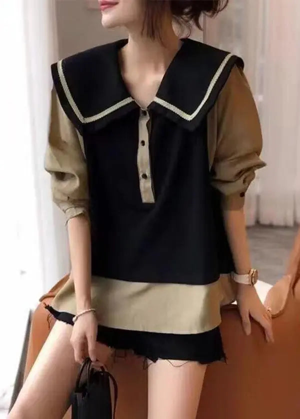 French Camel Peter Pan Collar Patchwork Cotton Shirts Fall Ada Fashion