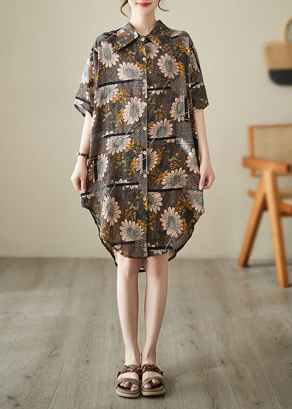 French Chocolate Peter Pan Collar Floral Print Cotton Shirt Dresses Summer LY7331 - fabuloryshop