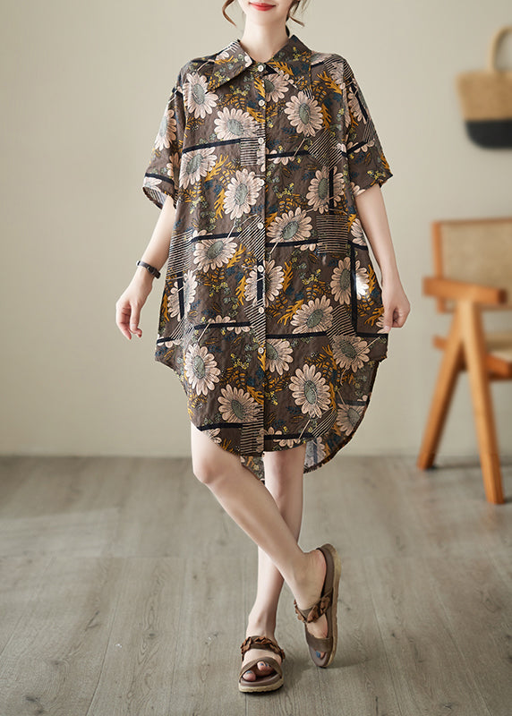 French Chocolate Peter Pan Collar Floral Print Cotton Shirt Dresses Summer LY7331 - fabuloryshop