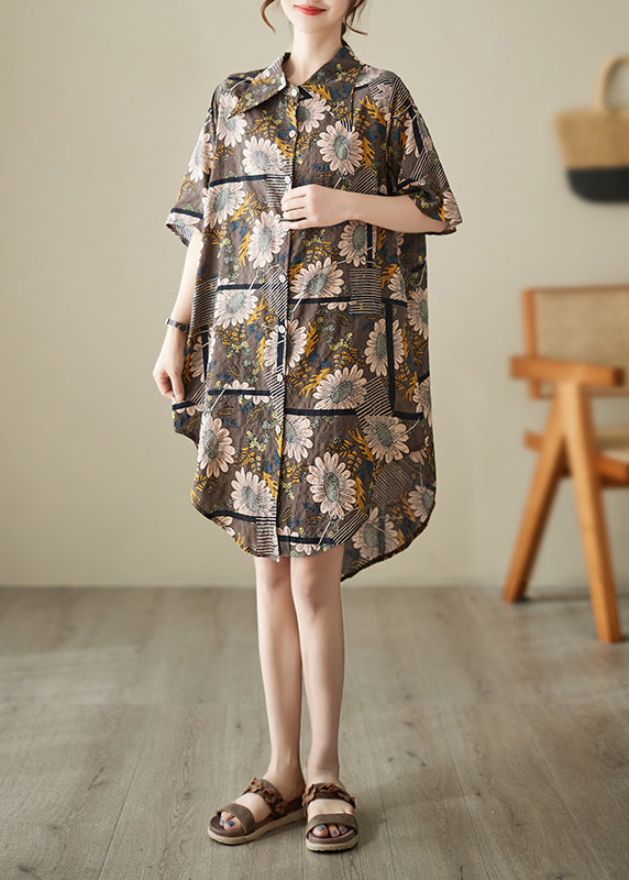 French Chocolate Peter Pan Collar Floral Print Cotton Shirt Dresses Summer LY7331 - fabuloryshop