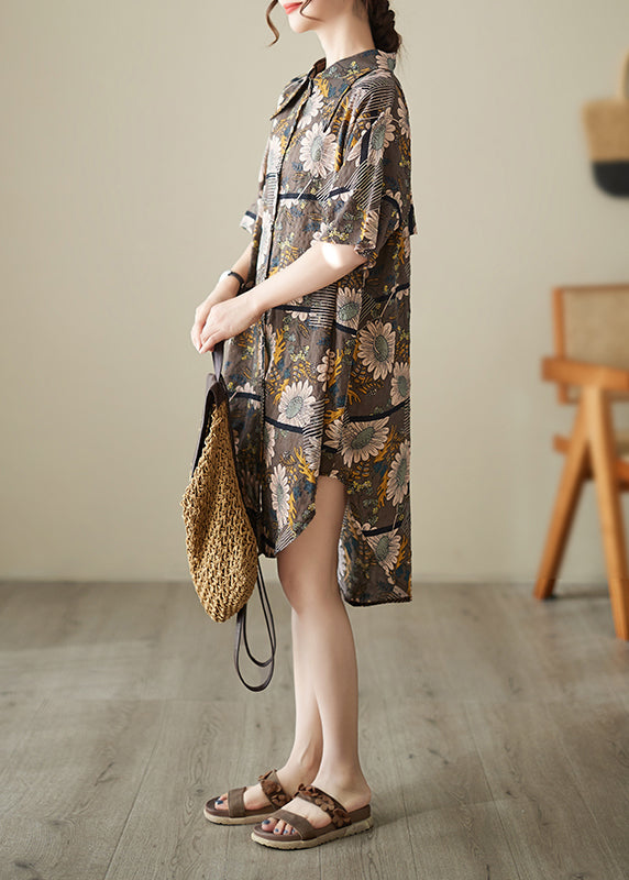 French Chocolate Peter Pan Collar Floral Print Cotton Shirt Dresses Summer LY7331 - fabuloryshop