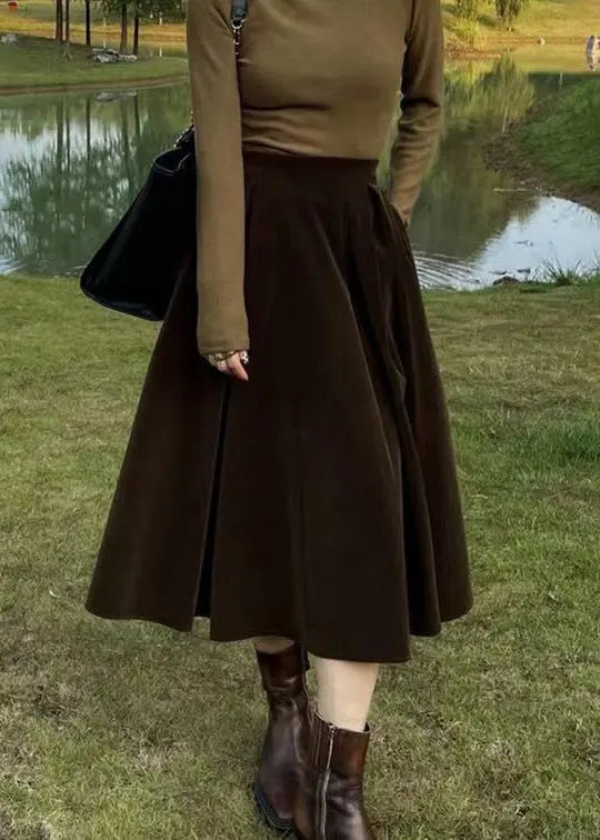 French Coffee High Waist Pockets  Silk Velour Skirt Fall Ada Fashion