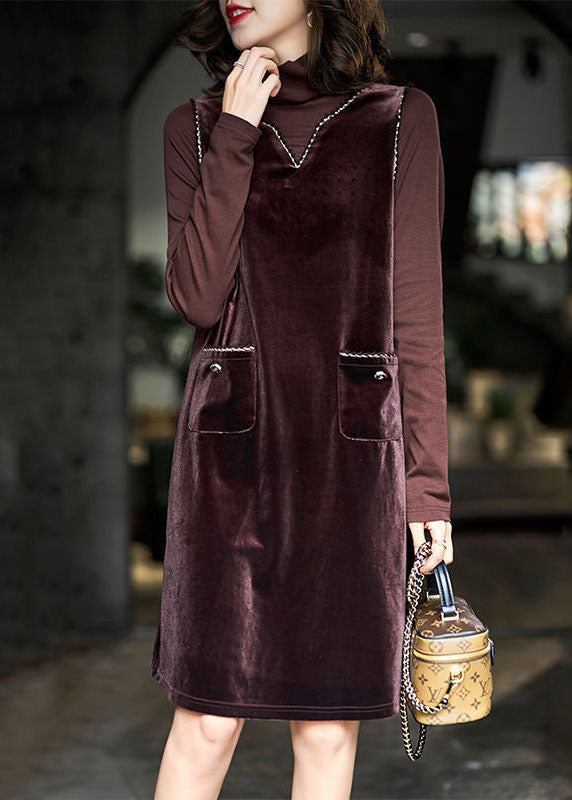 French Coffee Hign Neck Patchwork False Two Pieces Silk Velour Dresses Spring LY3839 - fabuloryshop