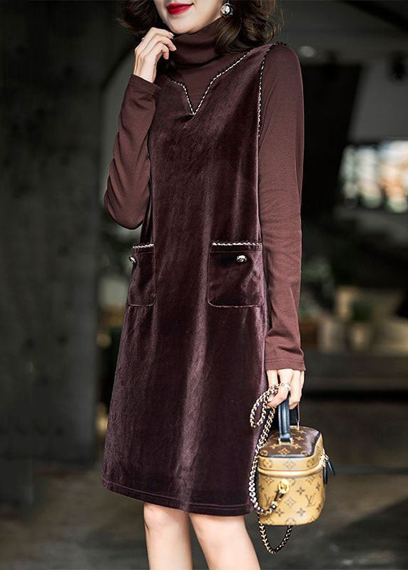 French Coffee Hign Neck Patchwork False Two Pieces Silk Velour Dresses Spring LY3839 - fabuloryshop